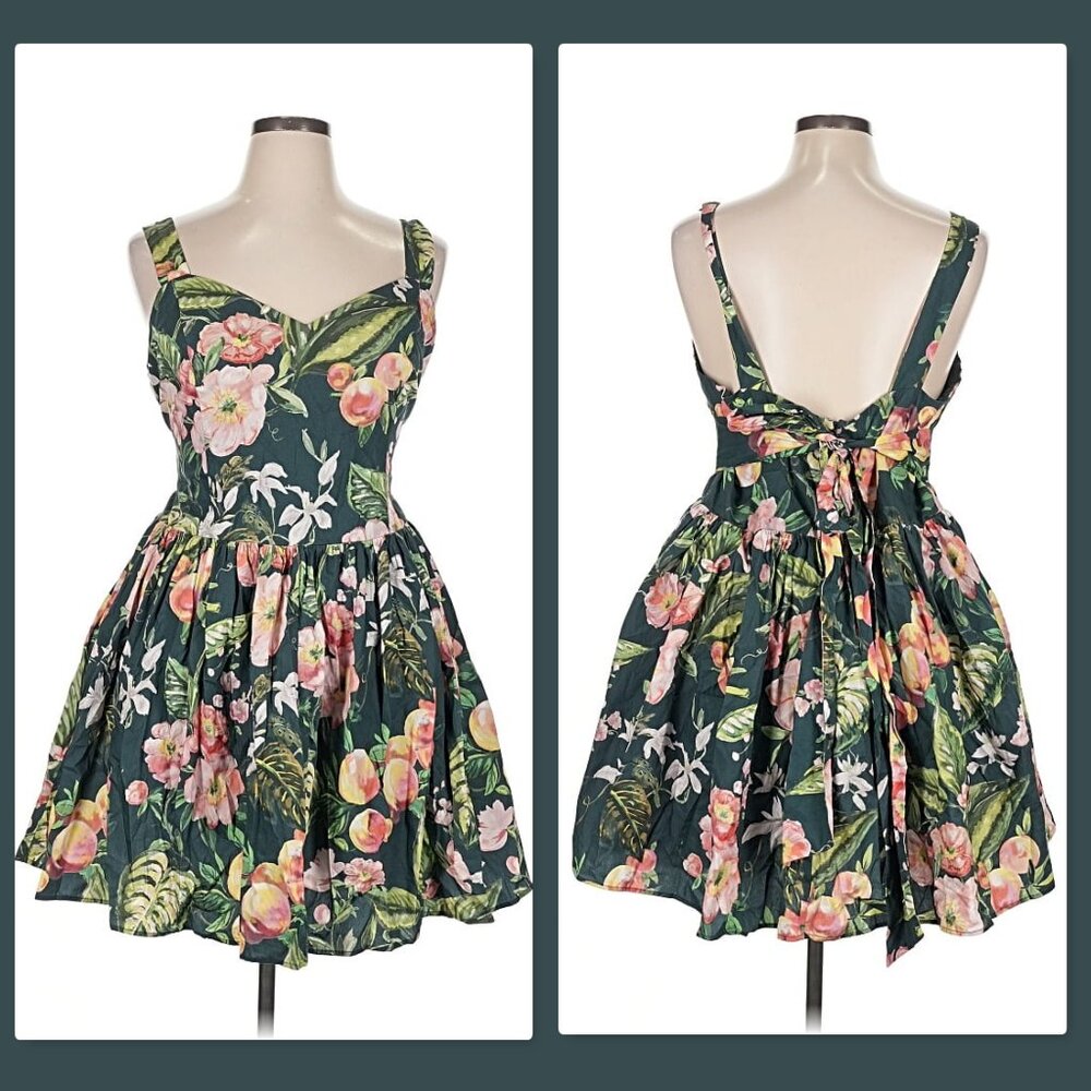 H&M Size XL Green Floral Peach Print Tie Detail Cotton Dress NWT